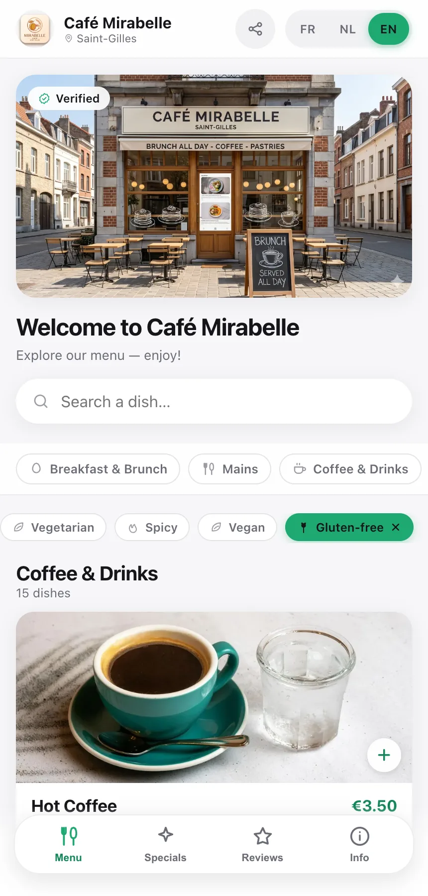Le menu client avec filtre allergènes — « Sans gluten » activé, réduisant les plats affichés