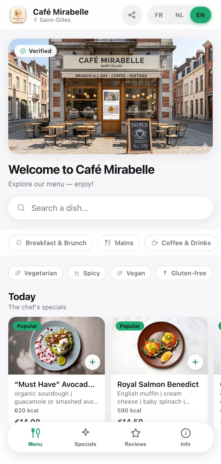 Le menu QR côté client — photo de la devanture, recherche, filtres et fiches plats avec photos