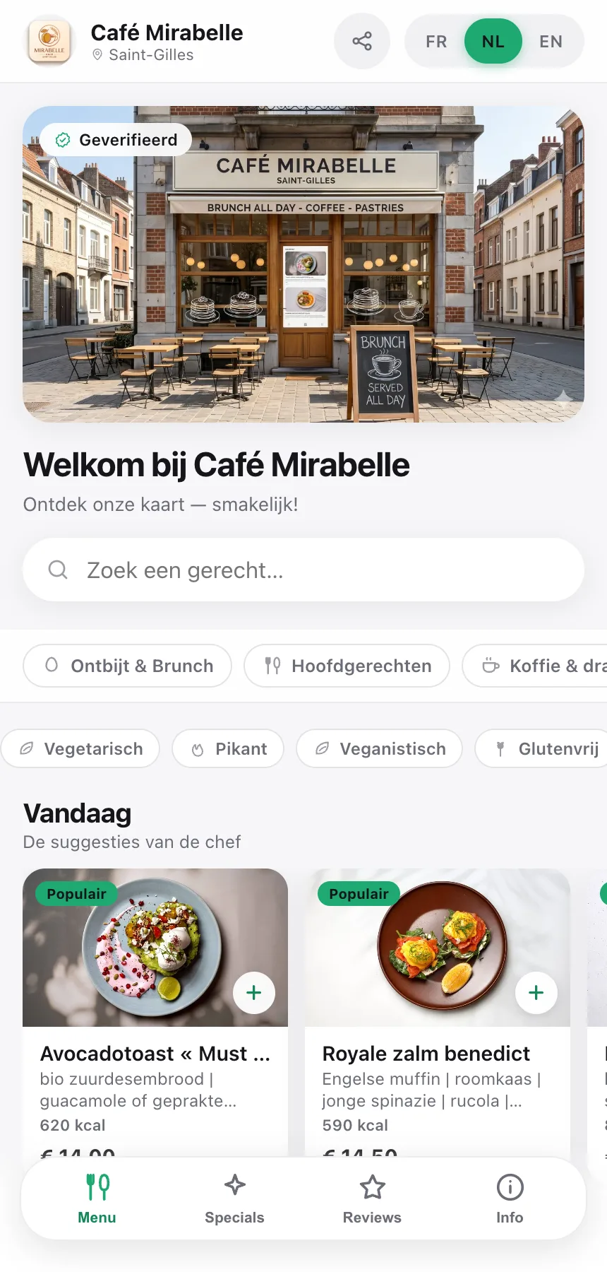 Le menu client avec sélecteur de langue FR/NL/EN, en train de traduire le menu