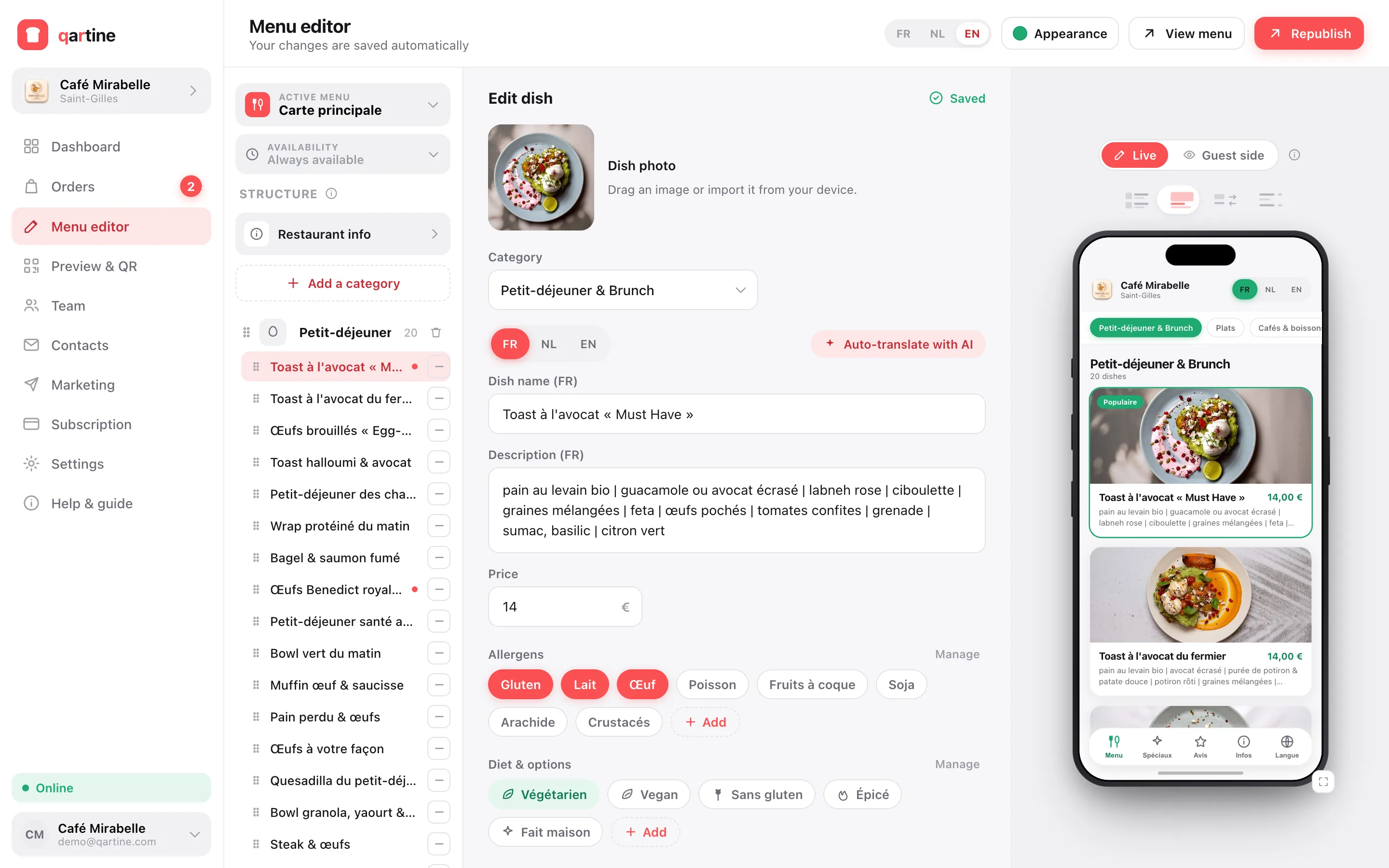 L'éditeur de menu qartine — un plat en cours de modification avec l'aperçu téléphone