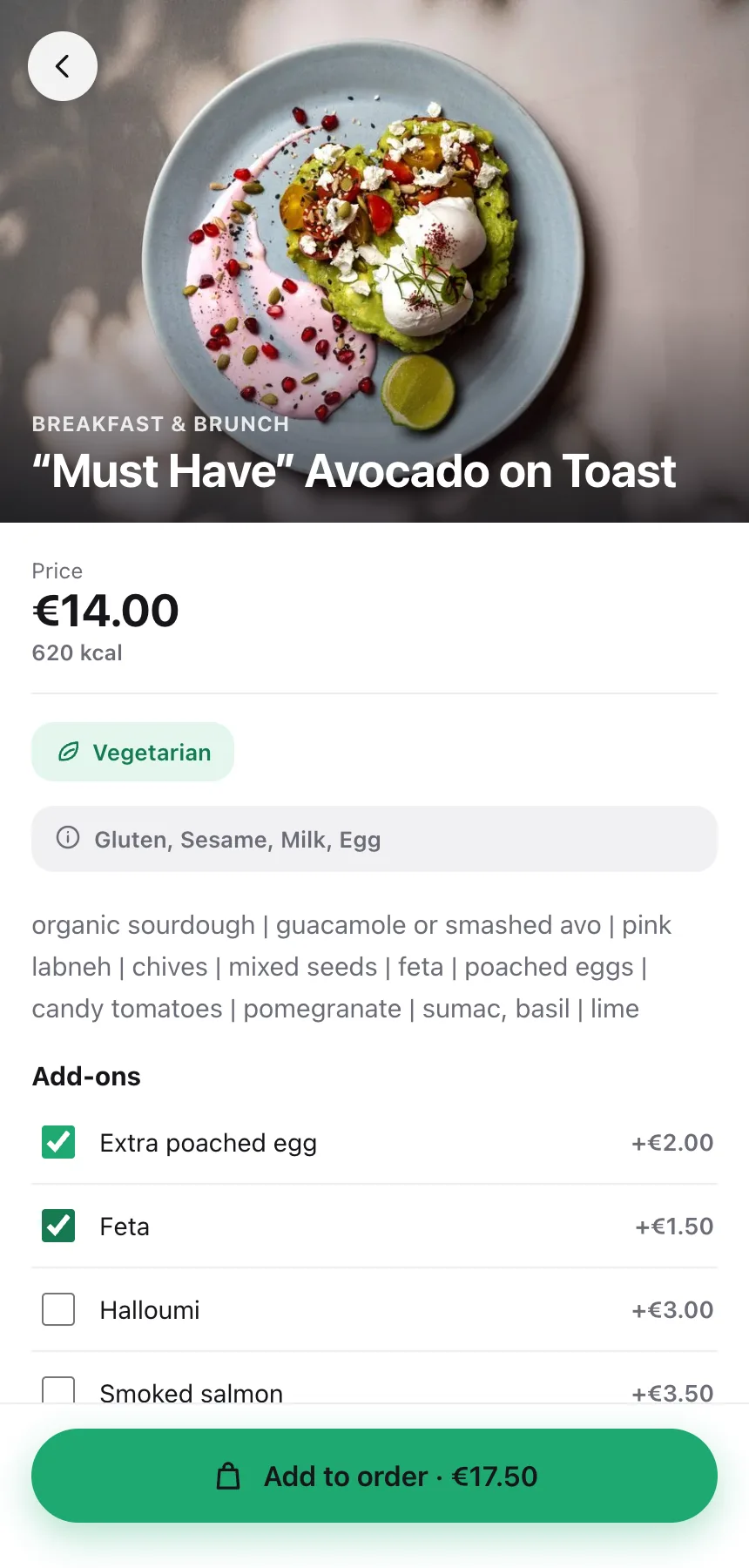 Les options d'un plat (œuf poché en plus, feta, halloumi…) mettant à jour le prix