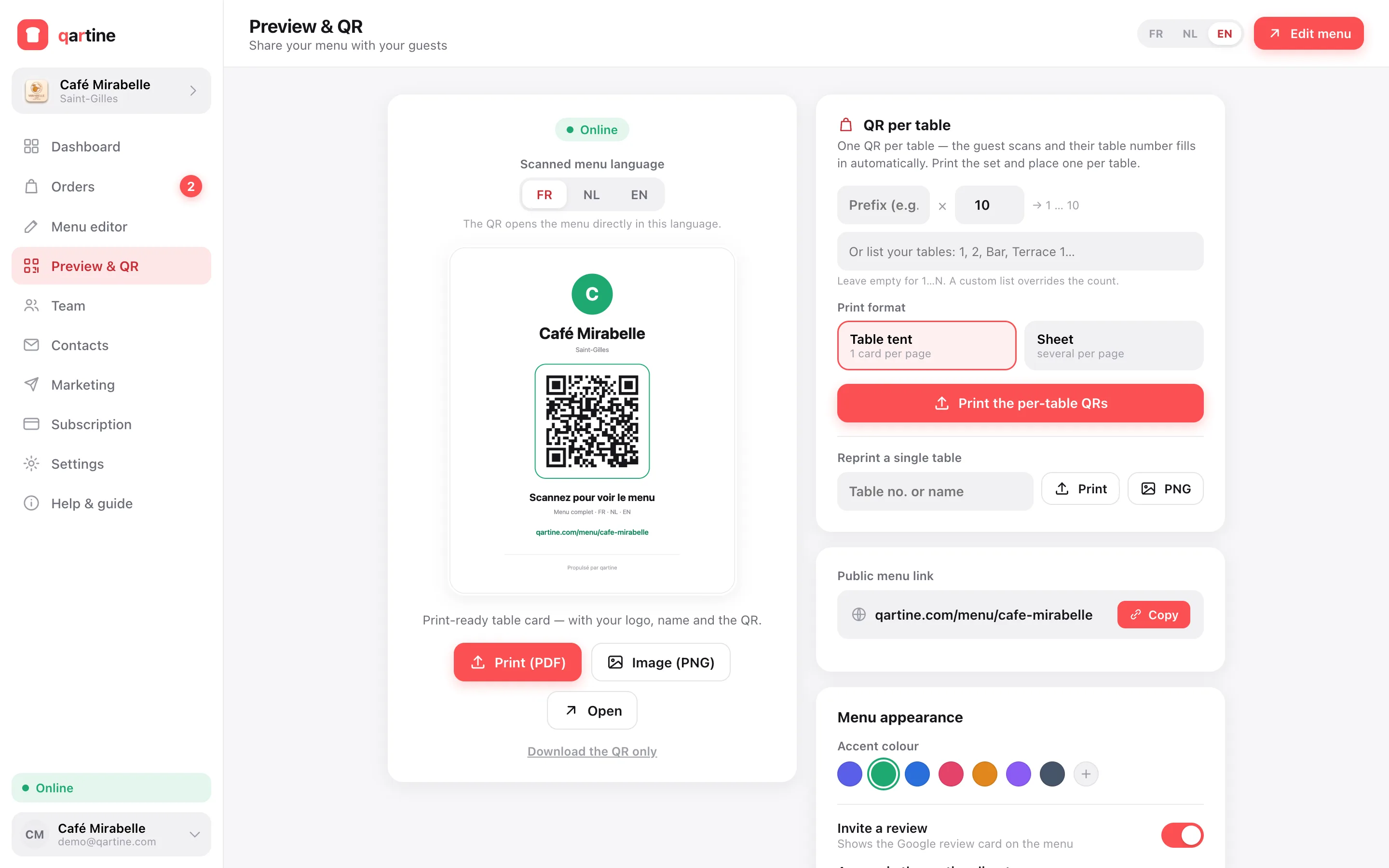 L'écran Aperçu & QR de qartine — carte QR de table à imprimer et générateur de QR par table