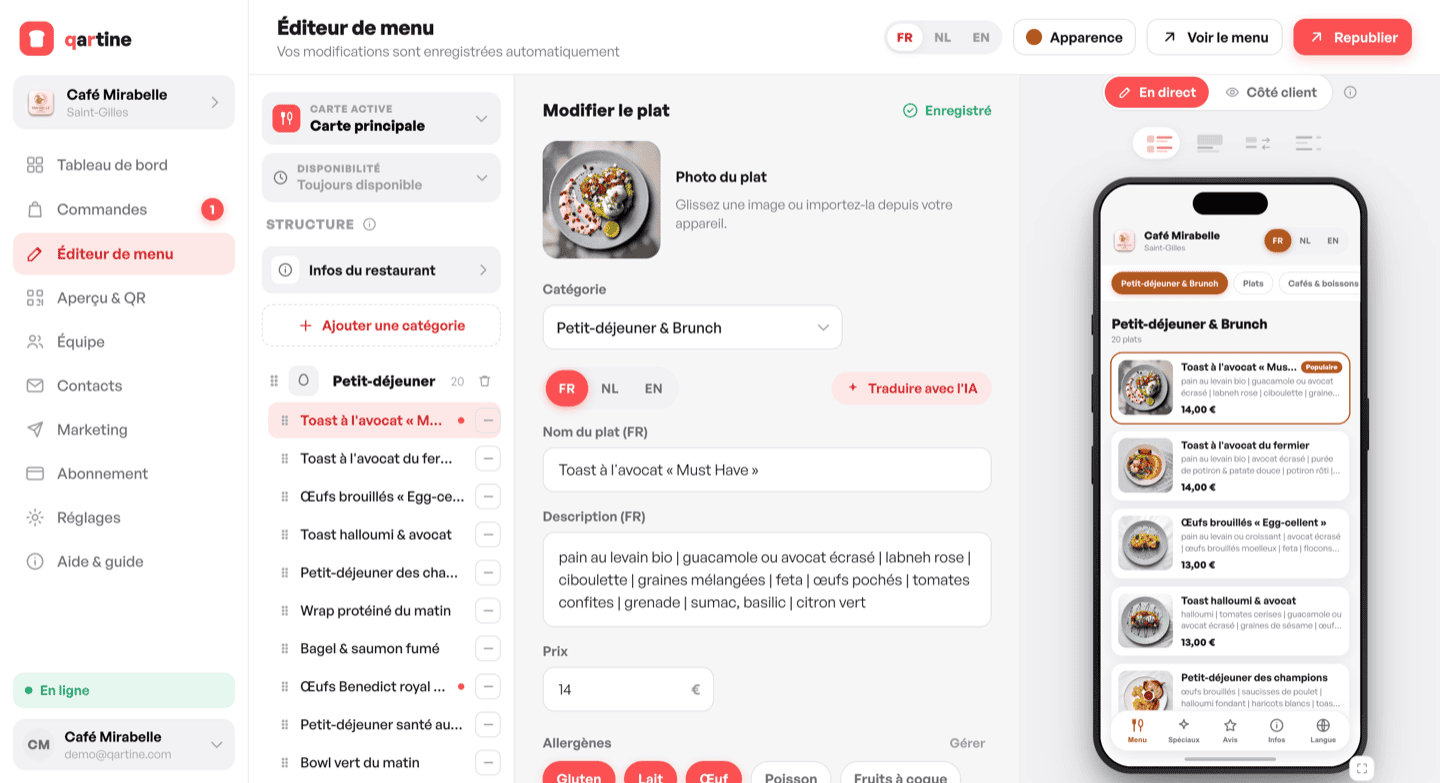 The qartine menu editor