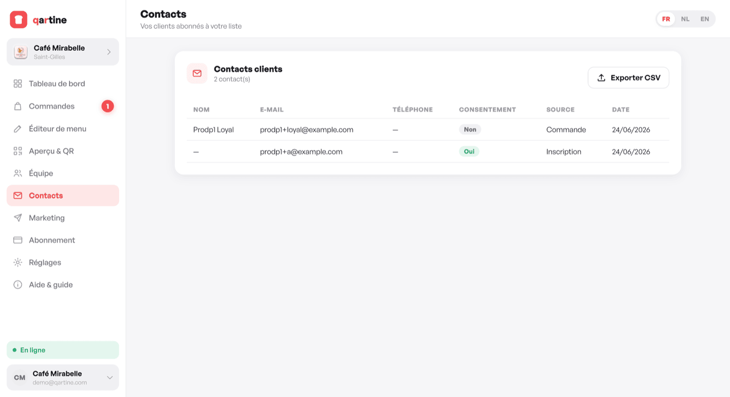 La liste de contacts et l'export CSV