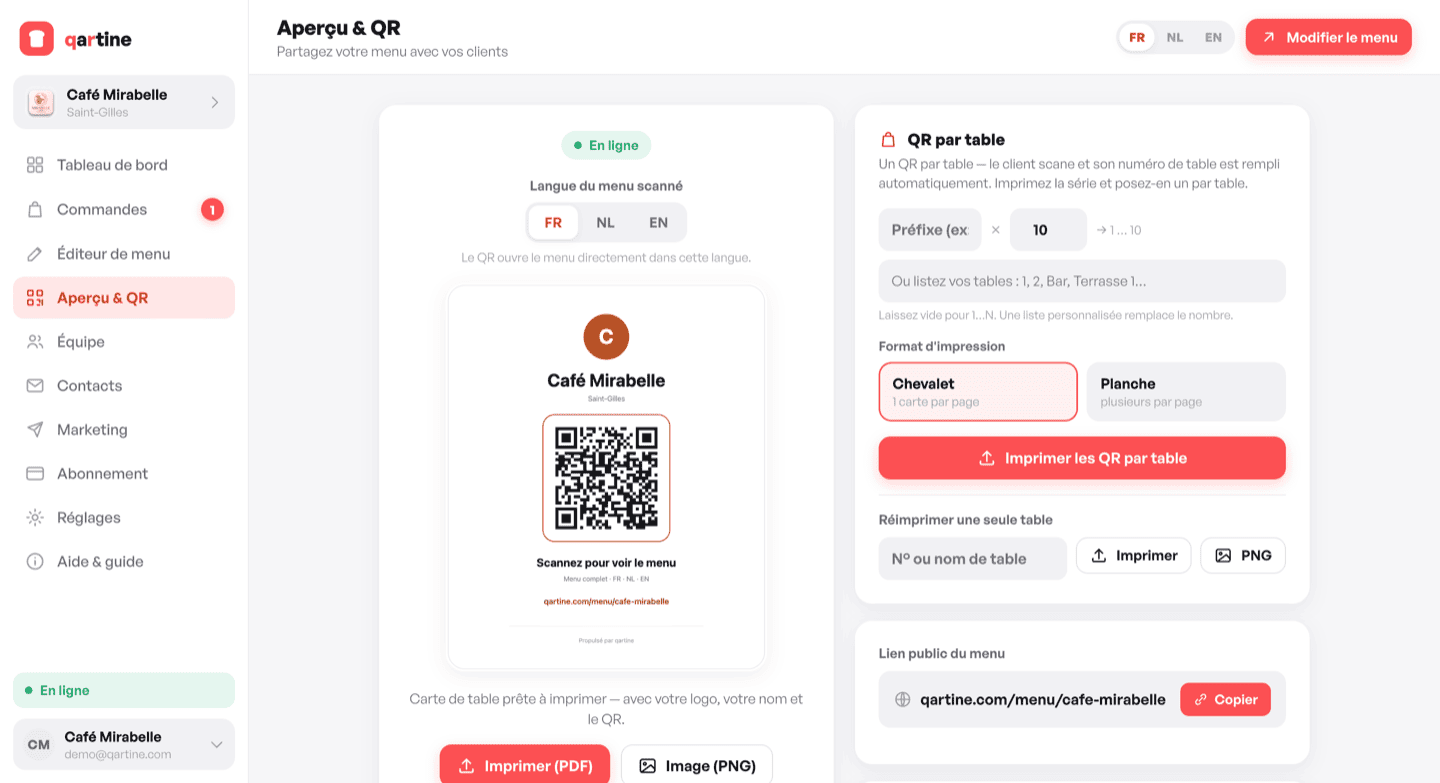 Génération du QR-code par table